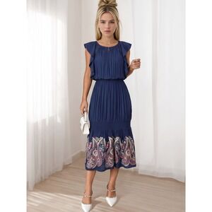 Ramy Brook Women's Roxanne Embroidered Sleeveless Short Dress Blue Flutter Sz XS